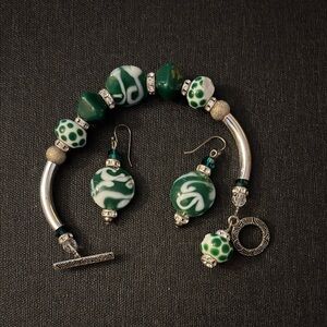 Green and White Beaded Bracelet and Earring Set by
